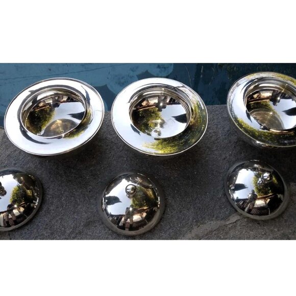 Cool MCM William Adams Towle Co. set of 3 Double Lidded Silver Plate Bowls - Picture 4 of 8